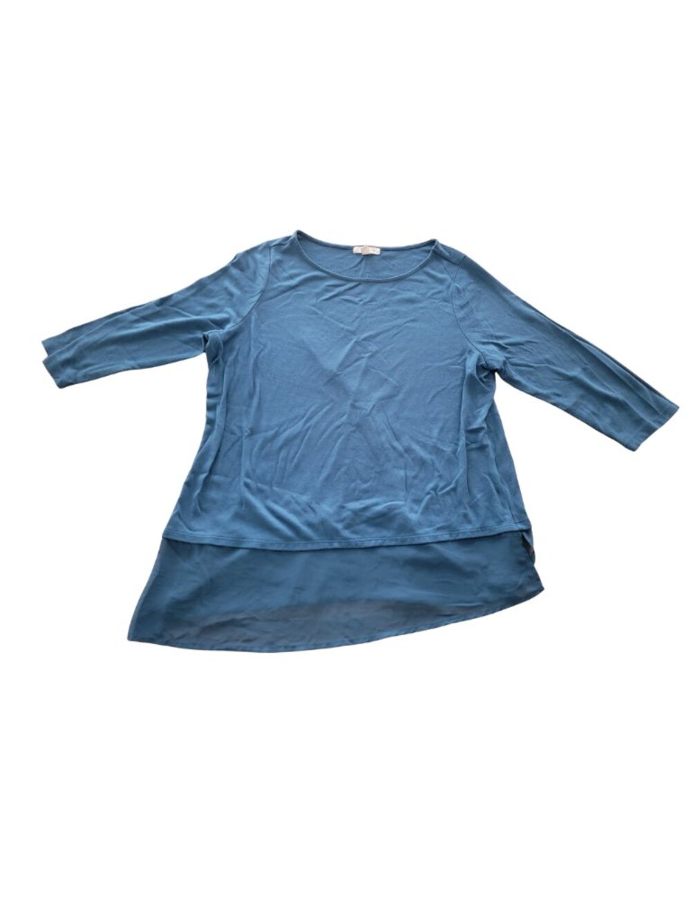 Dress Barn blue three-quarter sleeve tunic top with a layered, asymmetrical hem.